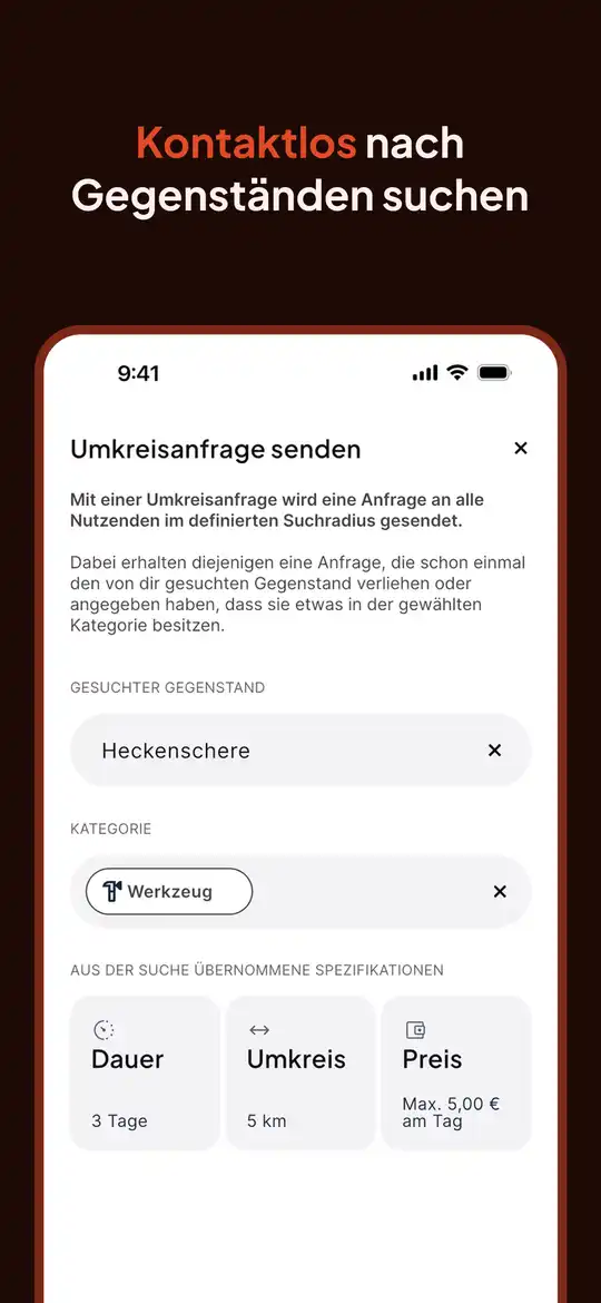 Sharehood Umkreisanfrage für einen gesuchten Gegenstand